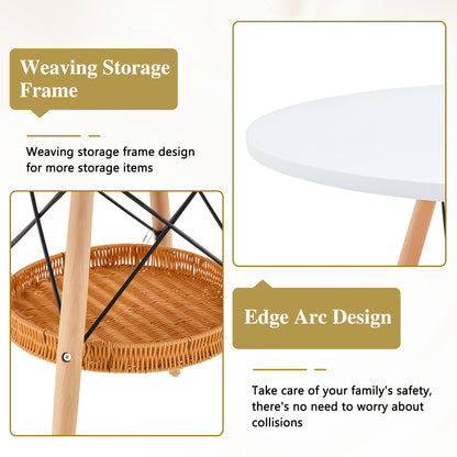 31.5 Inch Round Dining Table - White MDF, Wood Legs & Storage Basket for Dining Room