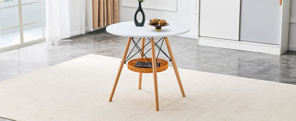 31.5 Inch Round Dining Table - White MDF, Wood Legs & Storage Basket for Dining Room