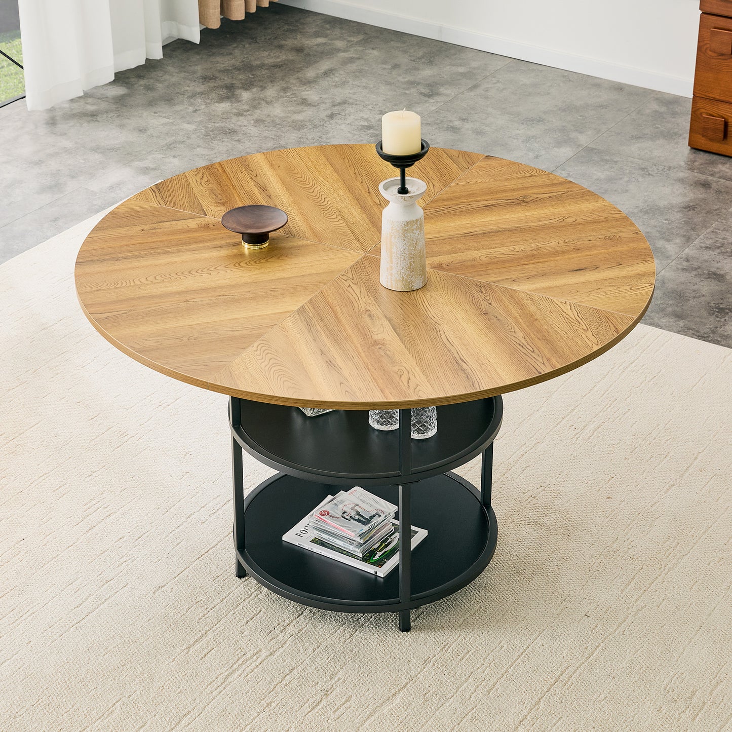 47.3 Inch Wood & Black Dining Table - Double Layer Storage for Dining Room