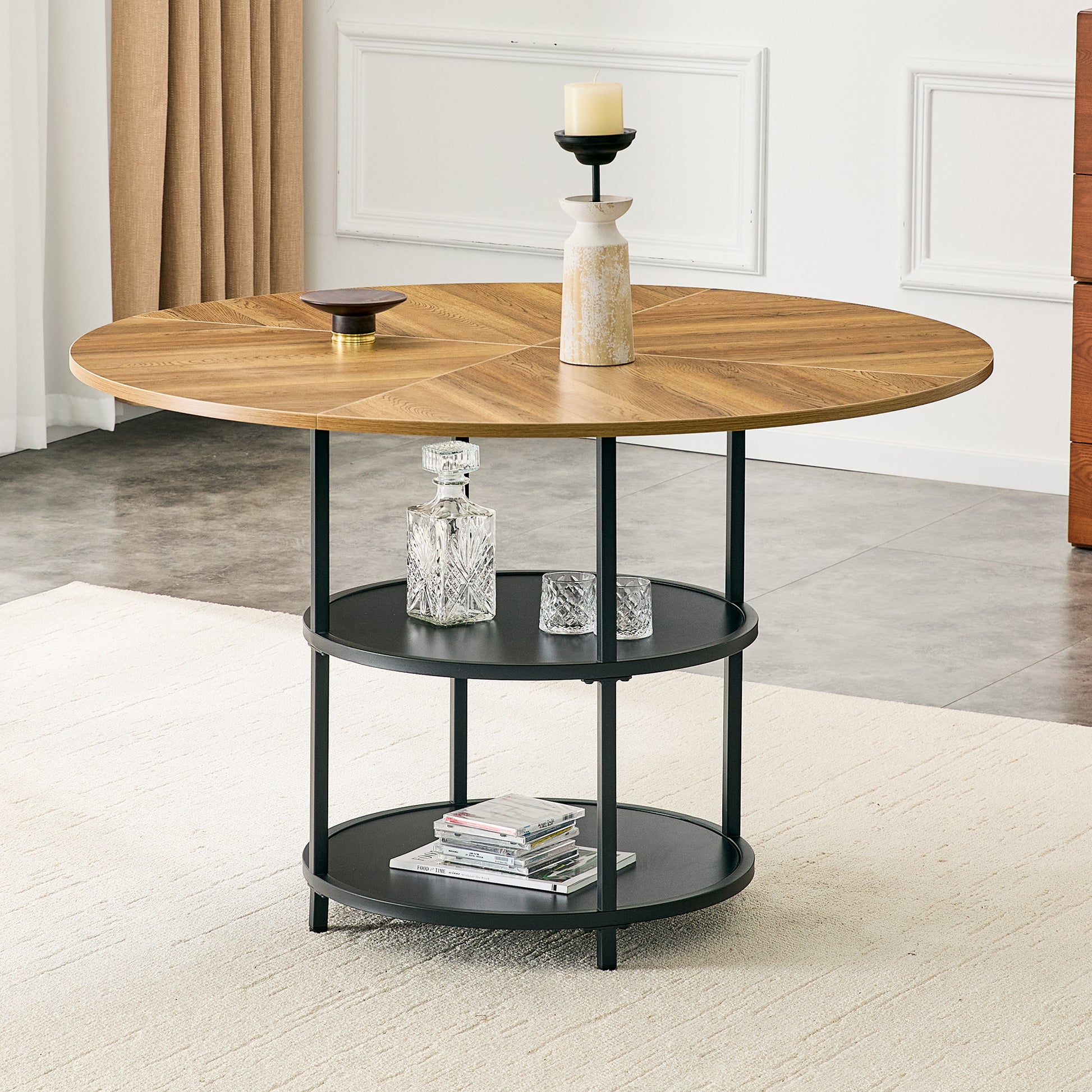 47.3 Inch Wood & Black Dining Table - Double Layer Storage for Dining Room