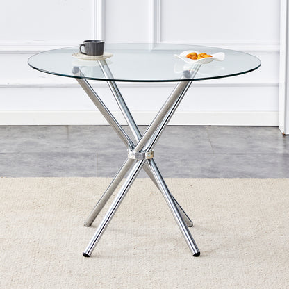 36.6" Round Glass Dining Table - Silver Metal Legs for Dining Room