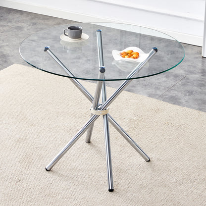 36.6" Round Glass Dining Table - Silver Metal Legs for Dining Room