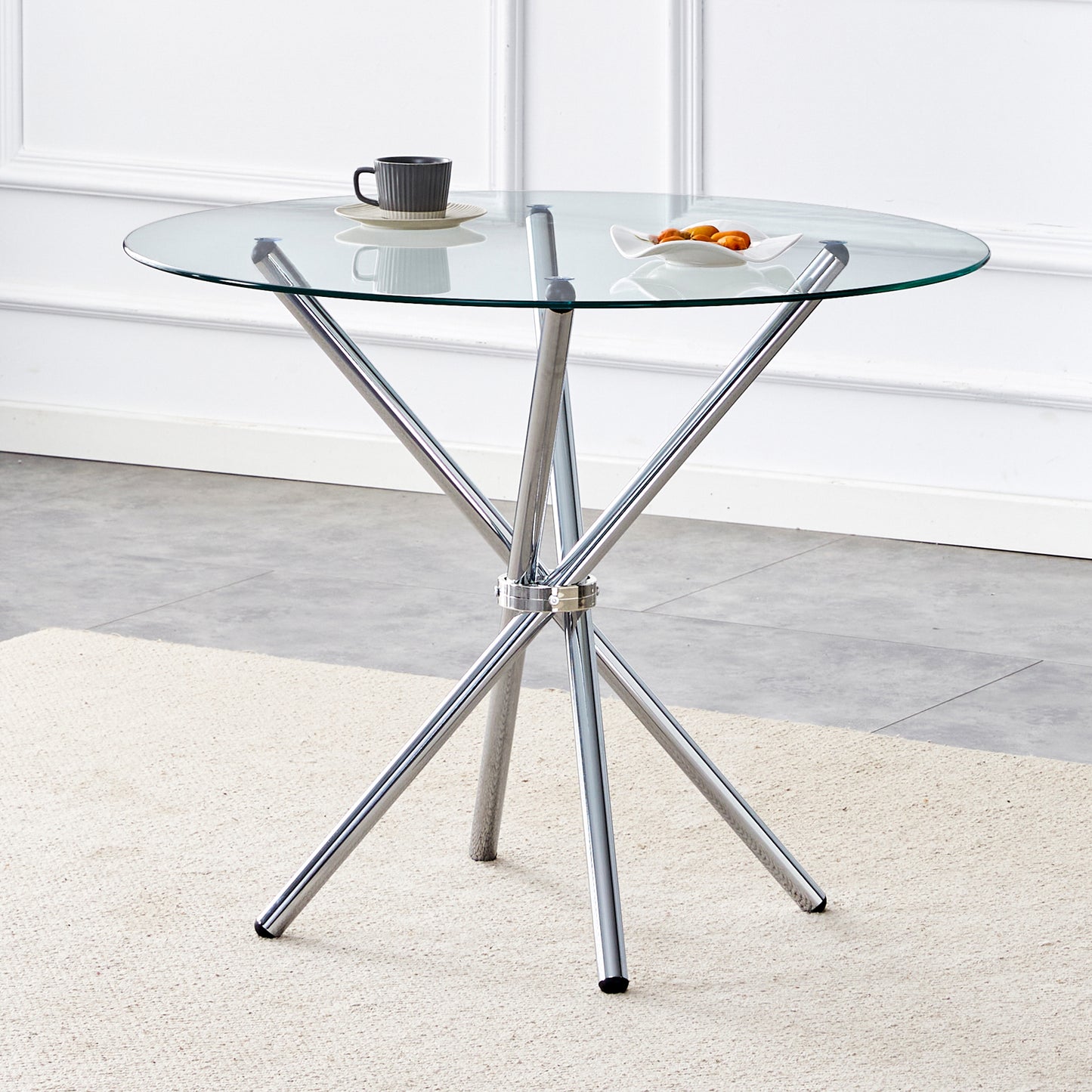 36.6" Round Glass Dining Table - Silver Metal Legs for Dining Room