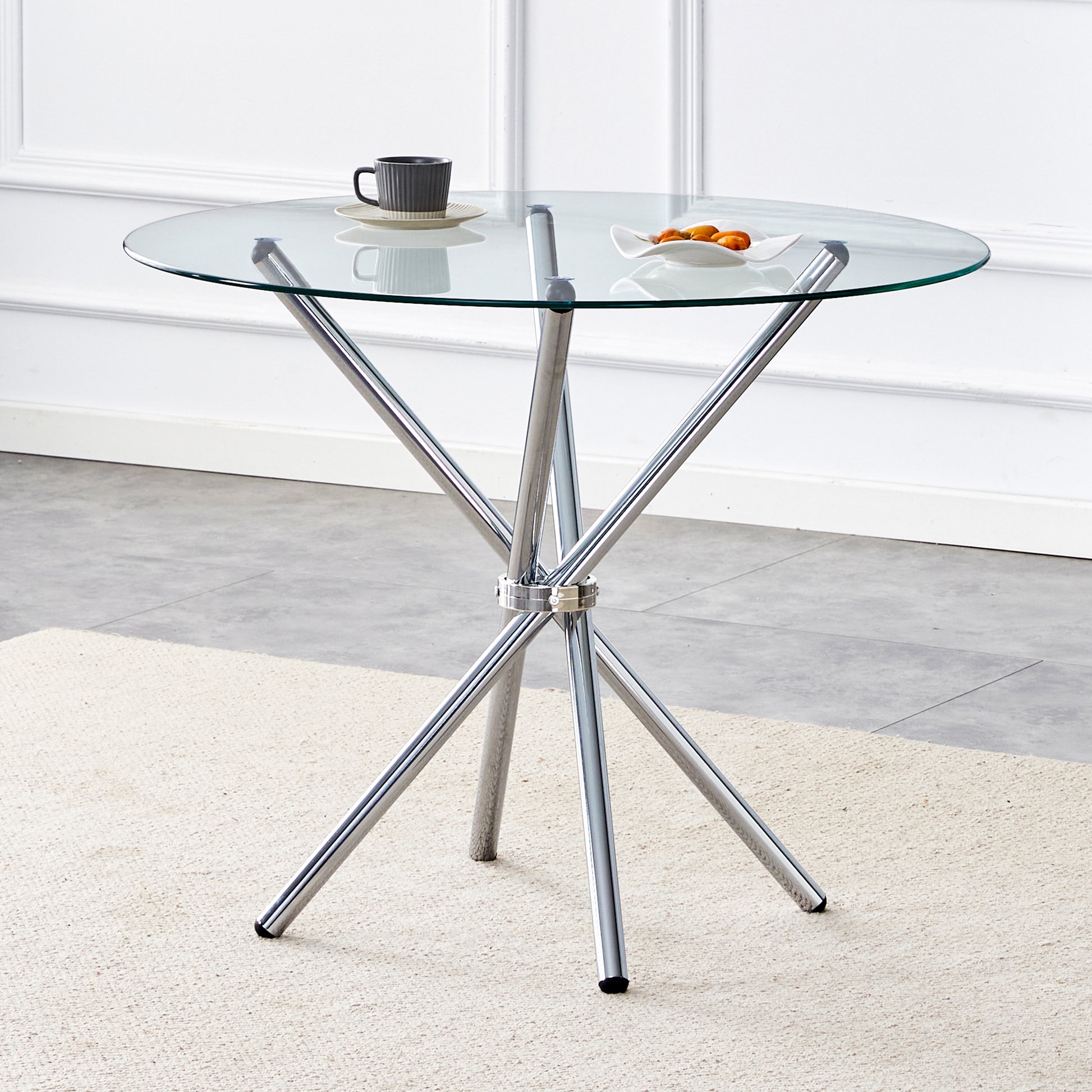 36.6" Round Glass Dining Table - Silver Metal Legs for Dining Room