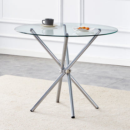 36.6" Round Glass Dining Table - Silver Metal Legs for Dining Room