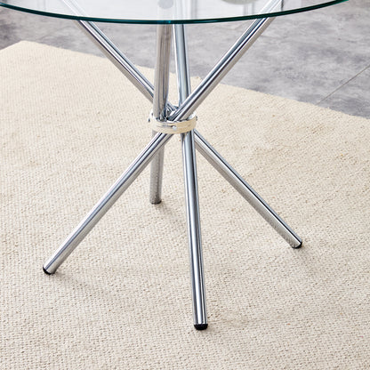 36.6" Round Glass Dining Table - Silver Metal Legs for Dining Room