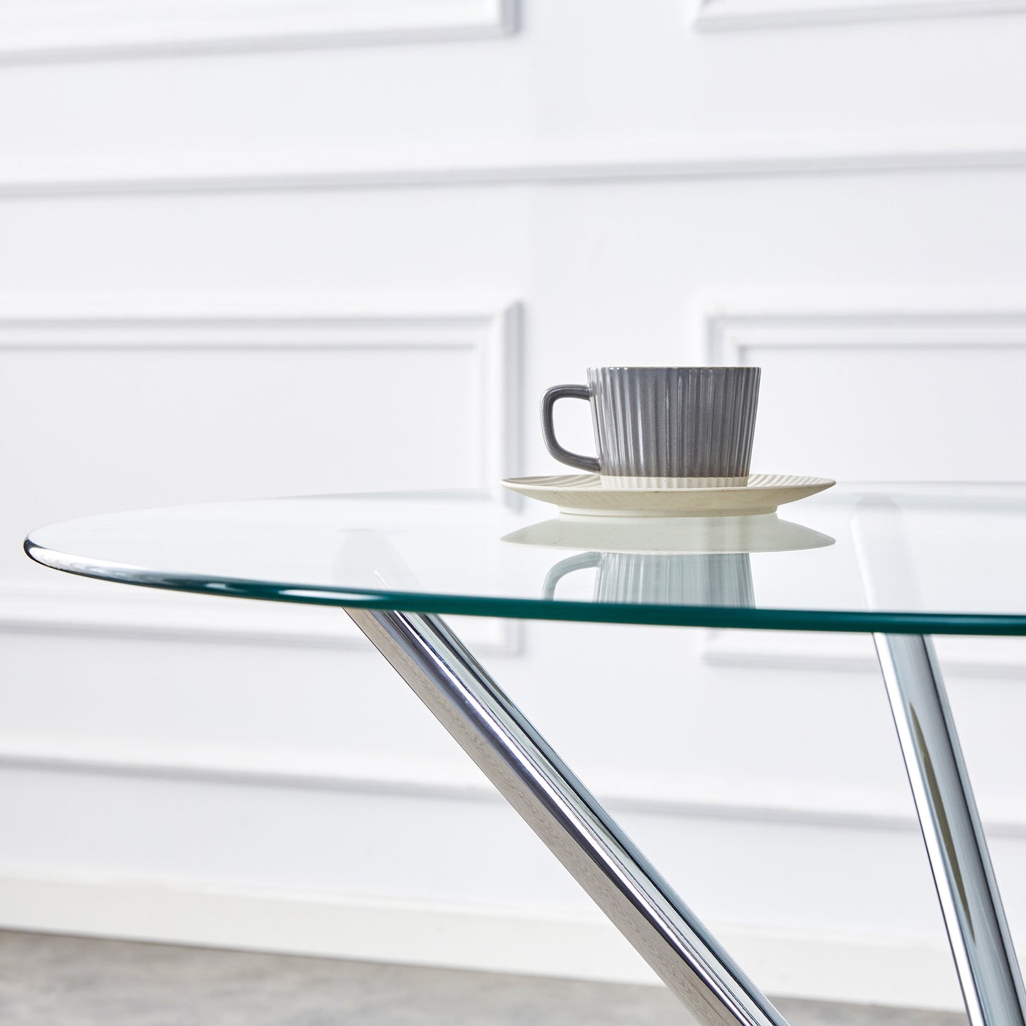 36.6" Round Glass Dining Table - Silver Metal Legs for Dining Room