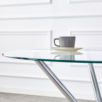 36.6" Round Glass Dining Table - Silver Metal Legs for Dining Room