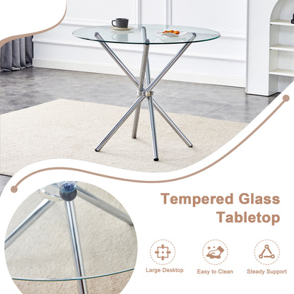 36.6" Round Glass Dining Table - Silver Metal Legs for Dining Room