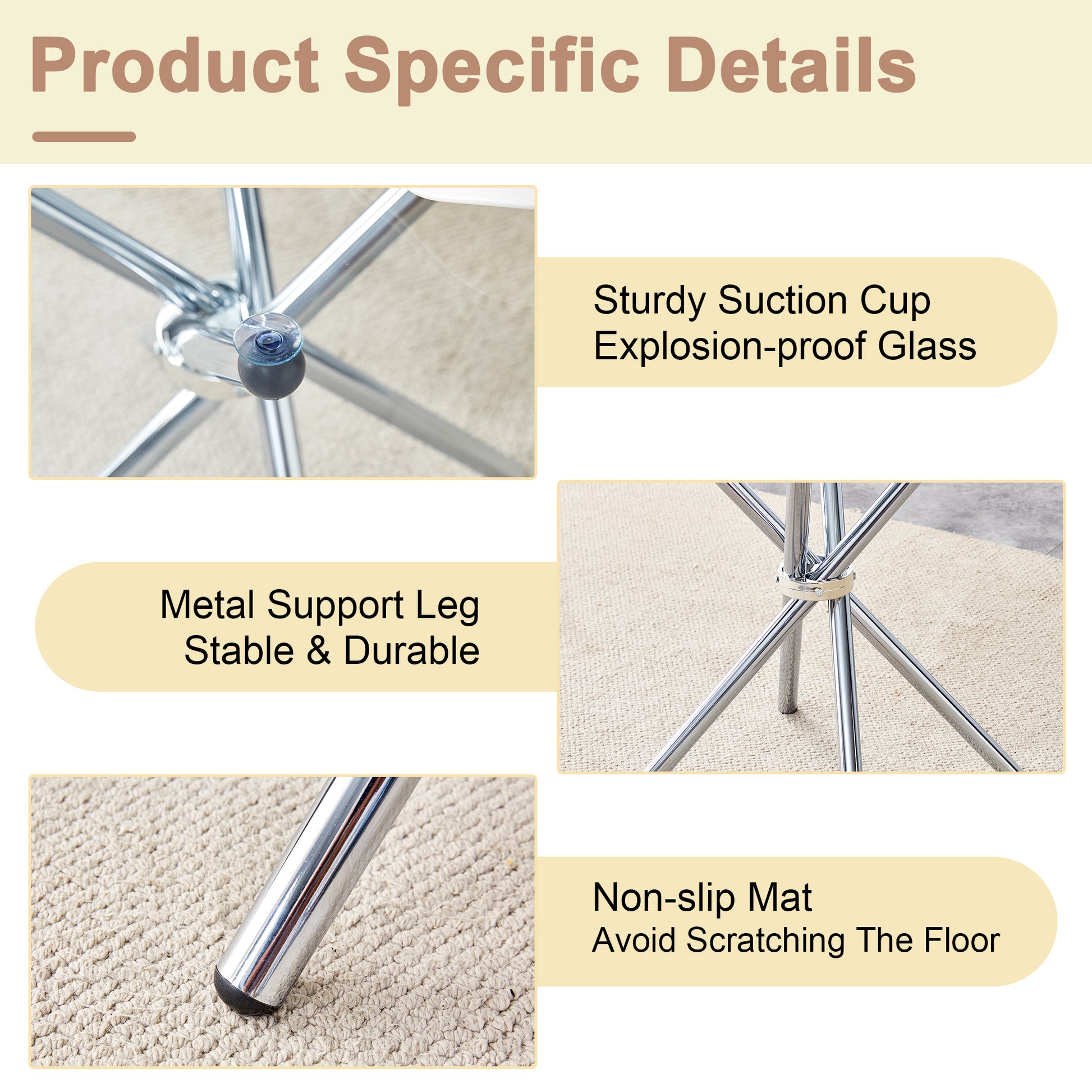 36.6" Round Glass Dining Table - Silver Metal Legs for Dining Room