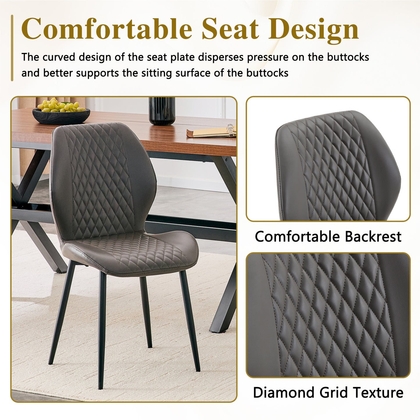 Dark Gray Diamond Quilted Dining Chairs - Set of 4, Metal Legs for Dining Room