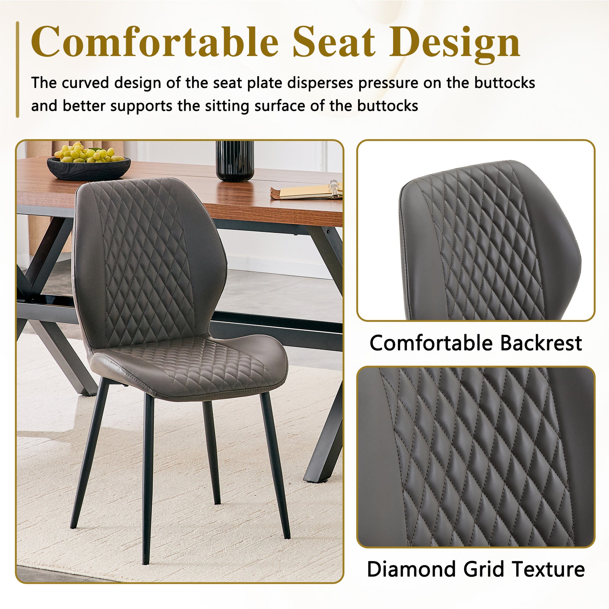 Dark Gray Diamond Quilted Dining Chairs - Set of 4, Metal Legs for Dining Room