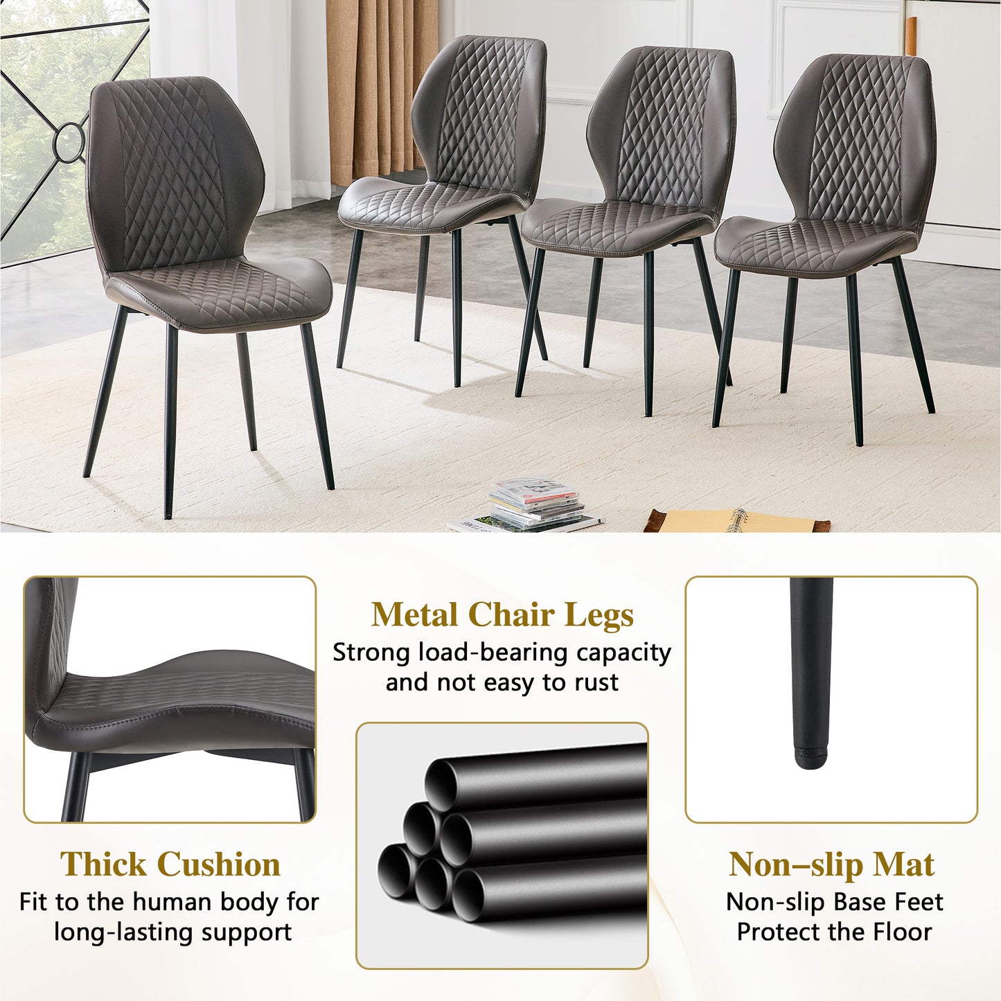 Dark Gray Diamond Quilted Dining Chairs - Set of 4, Metal Legs for Dining Room