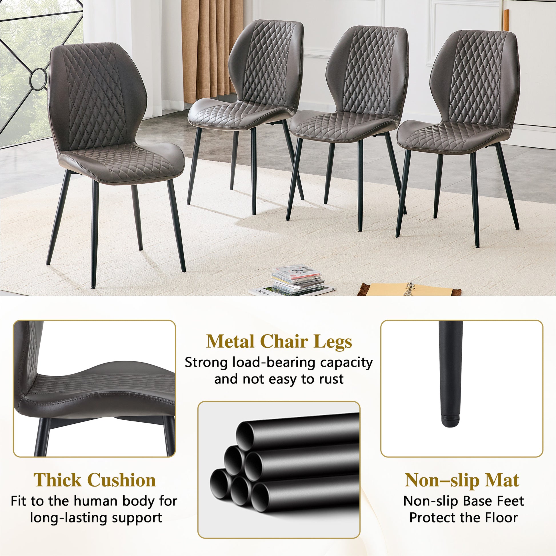 Dark Gray Diamond Quilted Dining Chairs - Set of 4, Metal Legs for Dining Room