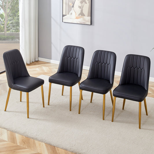 4 modern dining chairs, sleek PU leather backrest, and gold metal legs bring a comfortable home experience to the kitchen, bedroom, and office