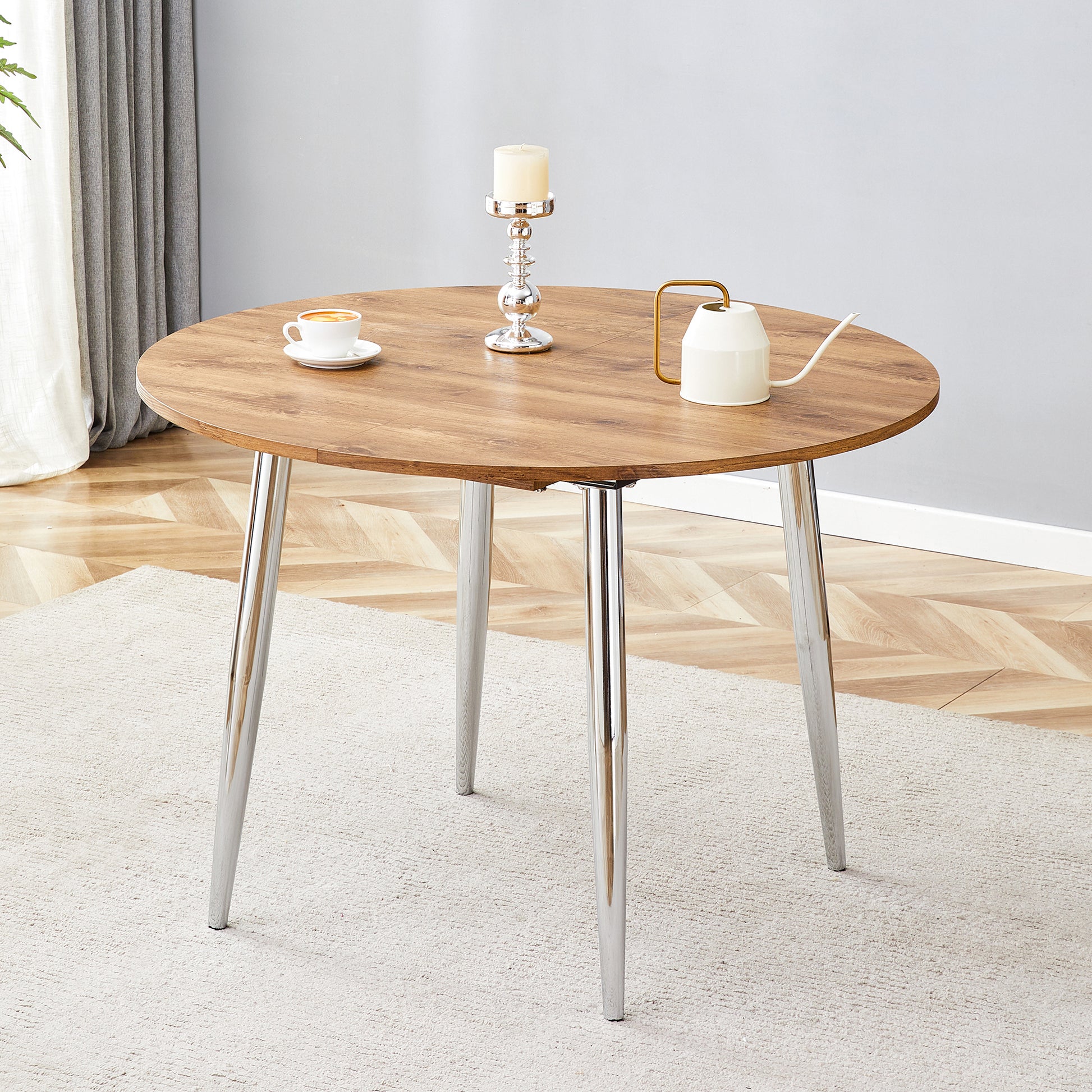 Silver Wood Extendable Dining Table - 42" Round Tabletop for Dining Room
