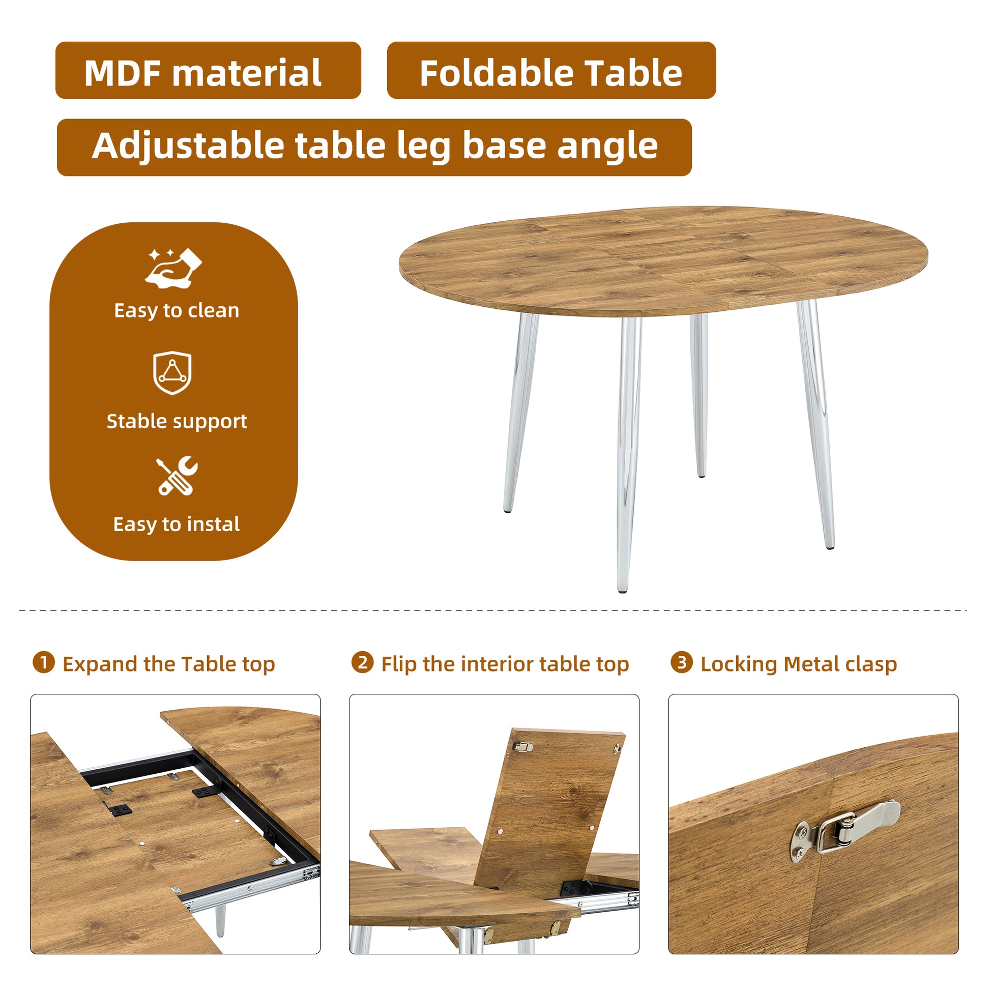 Silver Wood Extendable Dining Table - 42" Round Tabletop for Dining Room