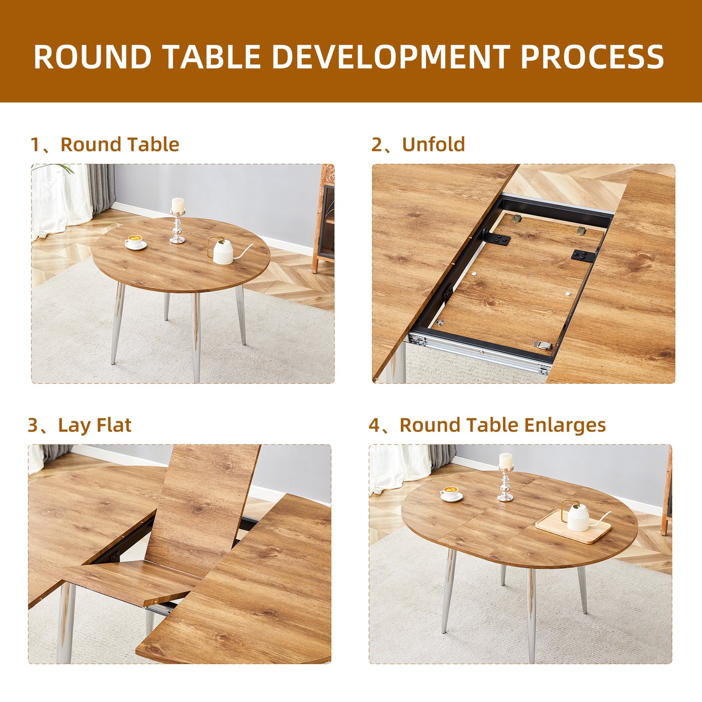 Silver Wood Extendable Dining Table - 42" Round Tabletop for Dining Room