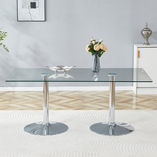A glass tabletop with 71*35.4 inches and a modern minimalist circular dining table with electroplated silver metal legs. Suitable for restaurants, living rooms.