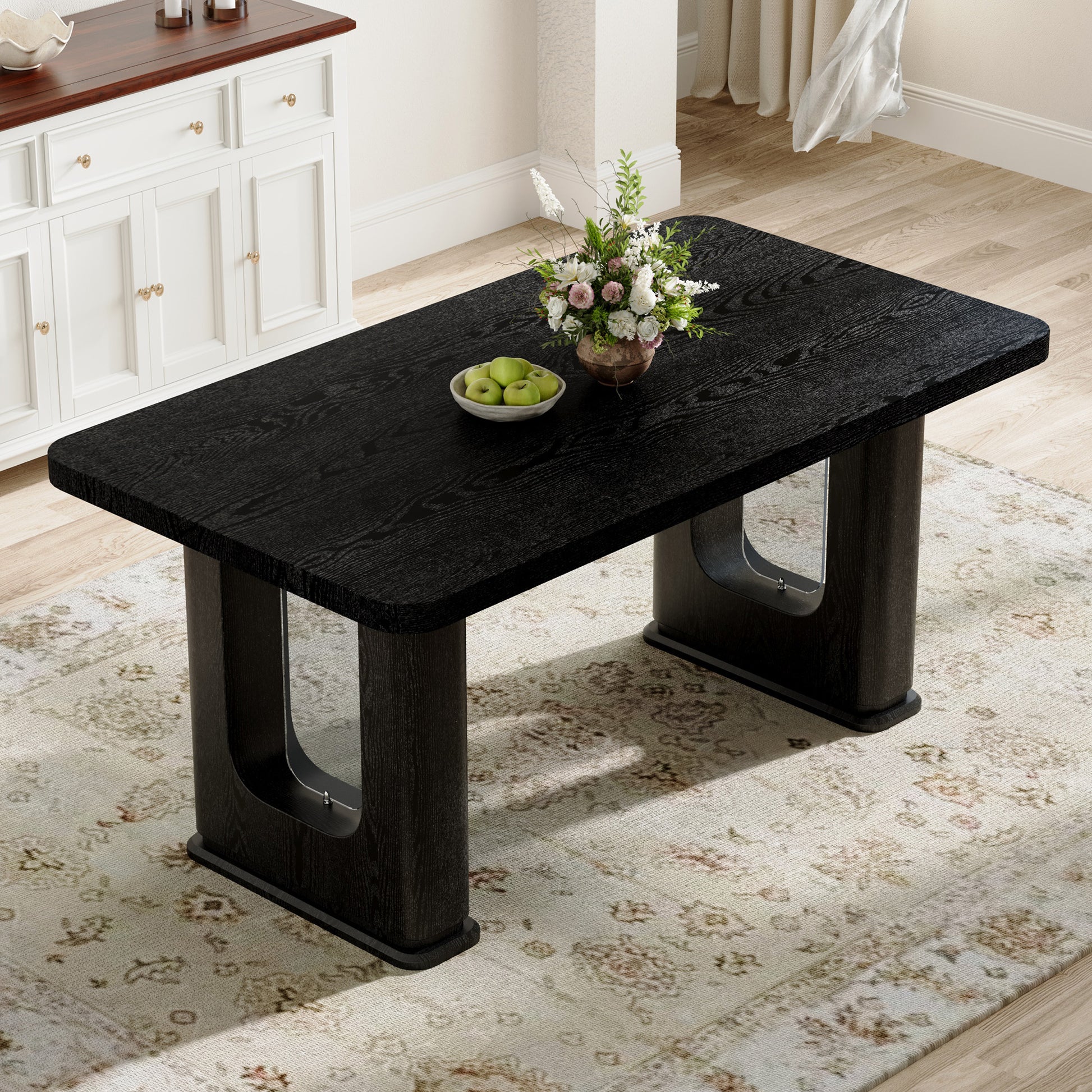 64.5 Inch Black Wood Dining Table - MDF Glass Modern Design