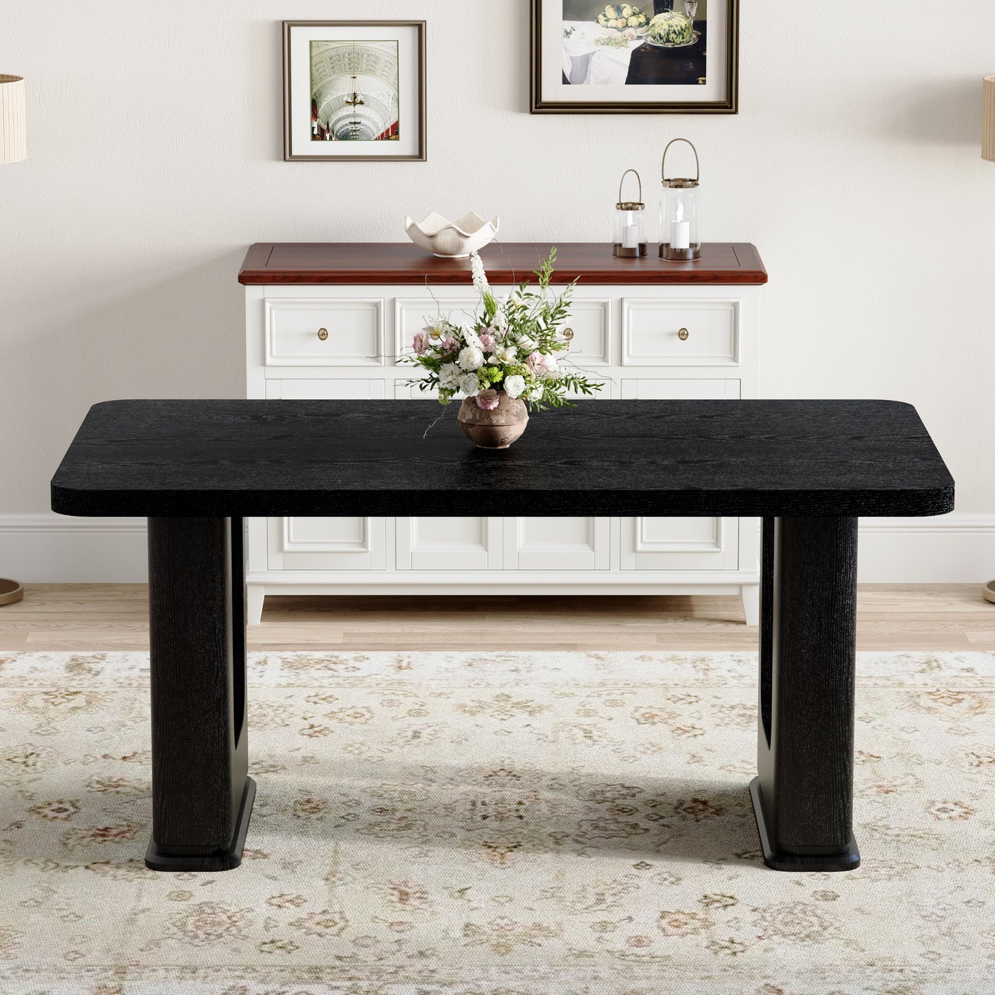 64.5 Inch Black Wood Dining Table - MDF Glass Modern Design