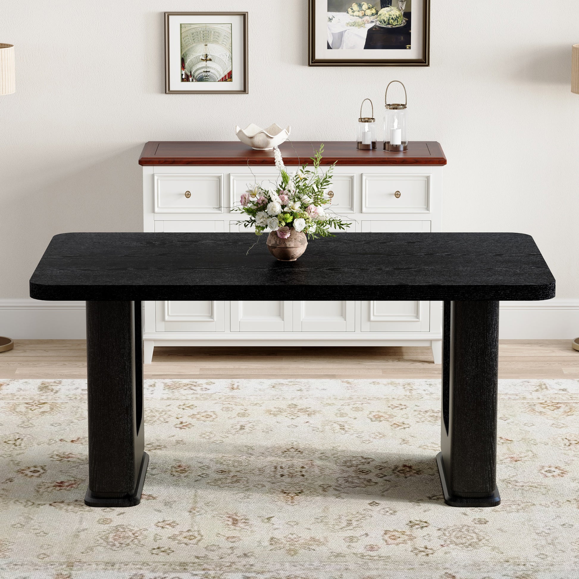 64.5 Inch Black Wood Dining Table - MDF Glass Modern Design