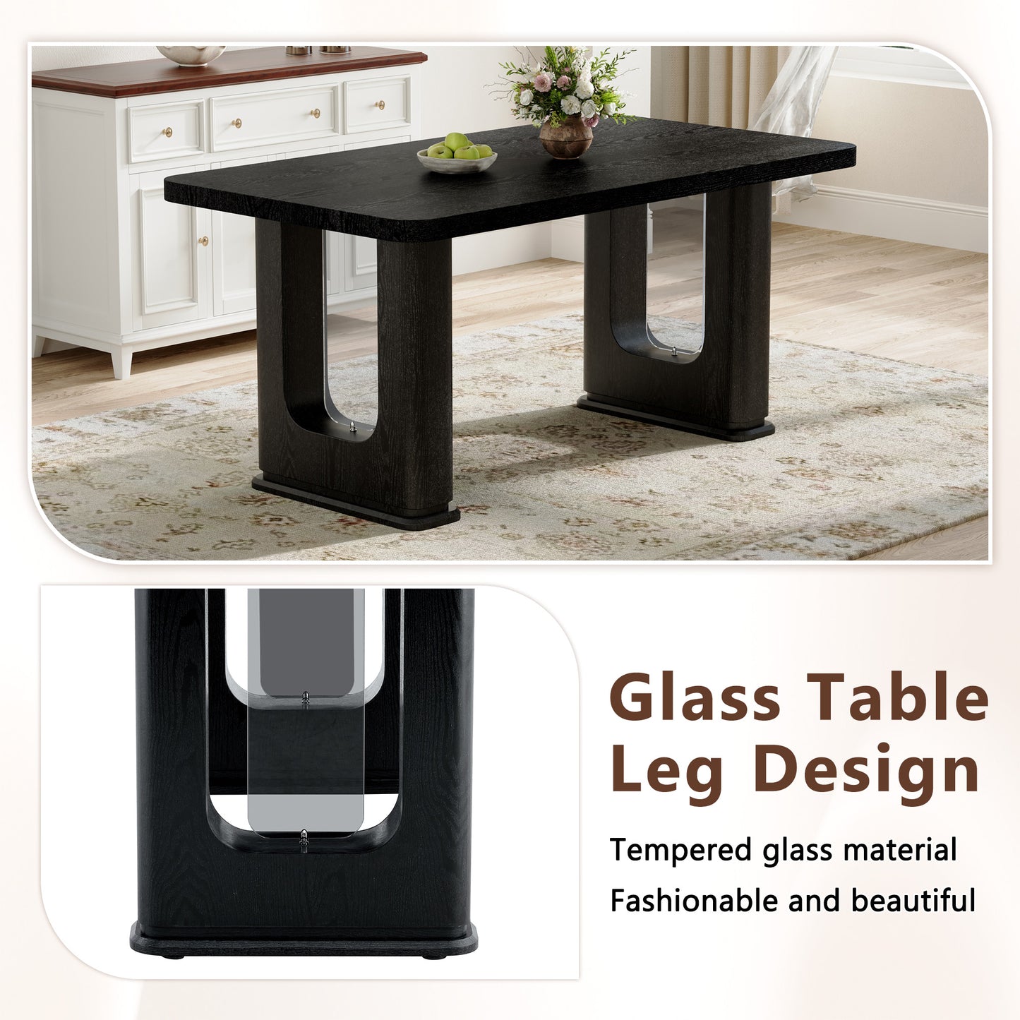 64.5 Inch Black Wood Dining Table - MDF Glass Modern Design