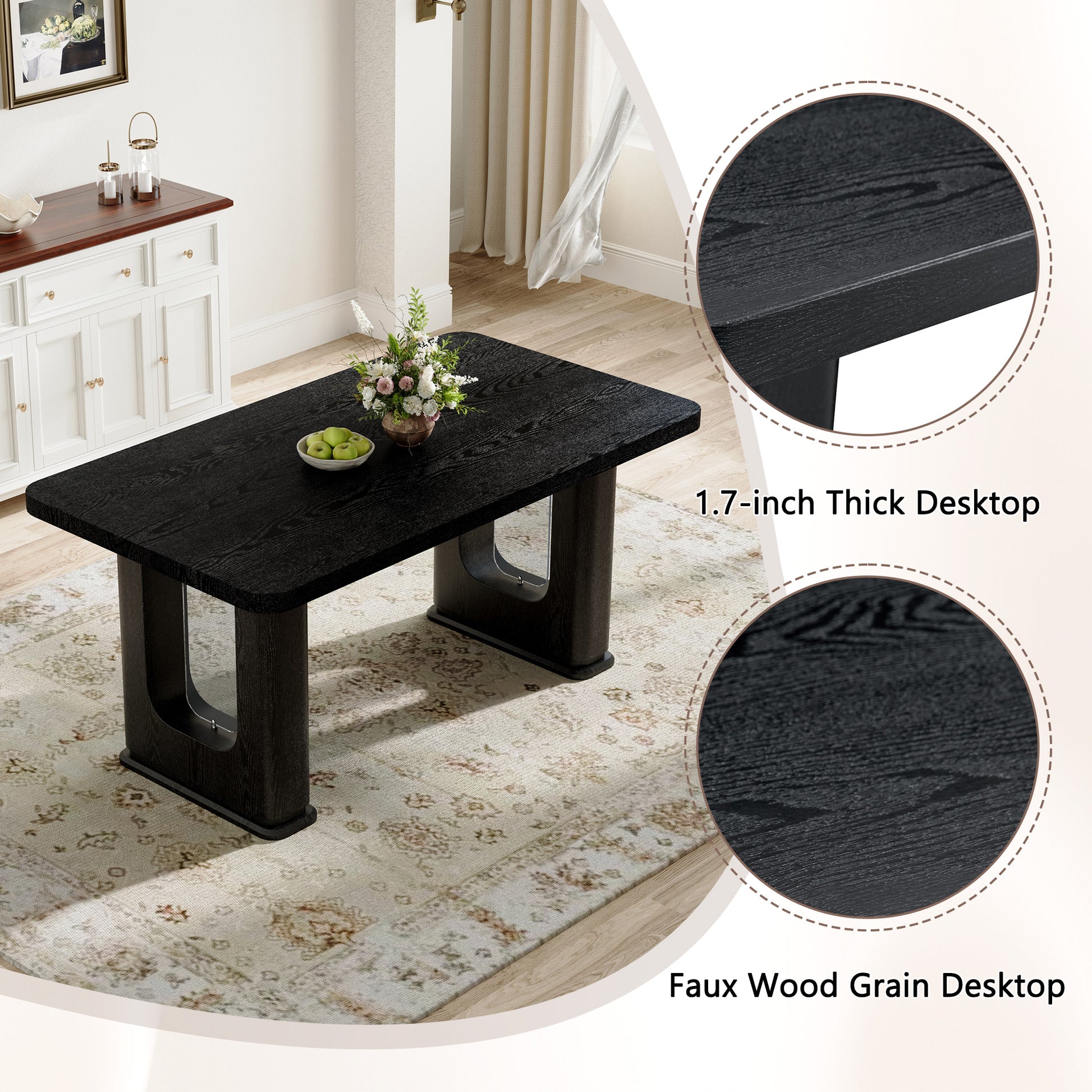 64.5 Inch Black Wood Dining Table - MDF Glass Modern Design
