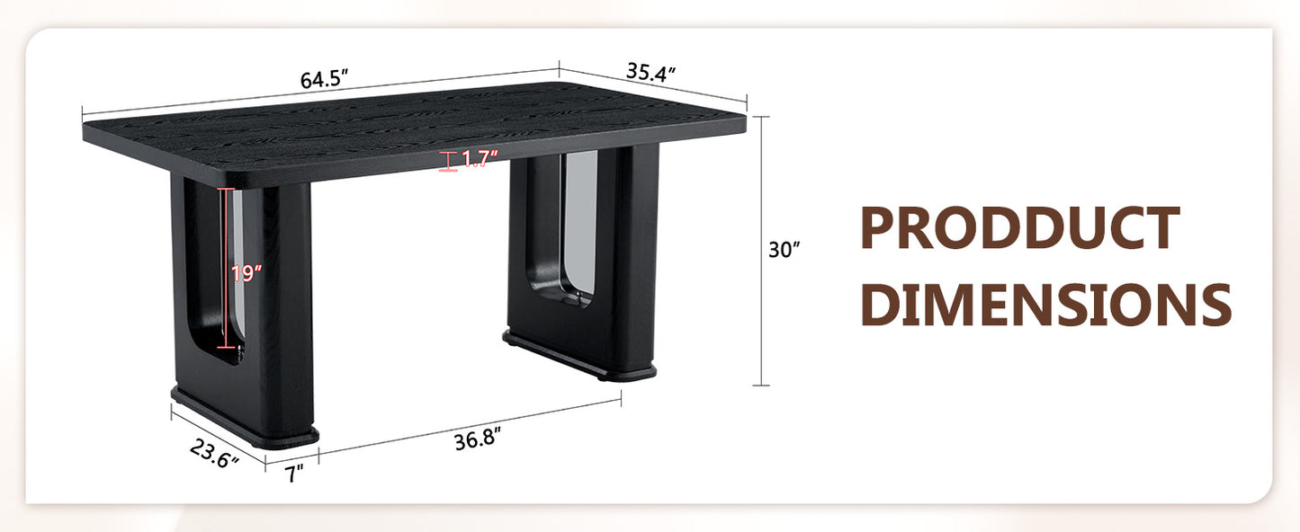 64.5 Inch Black Wood Dining Table - MDF Glass Modern Design