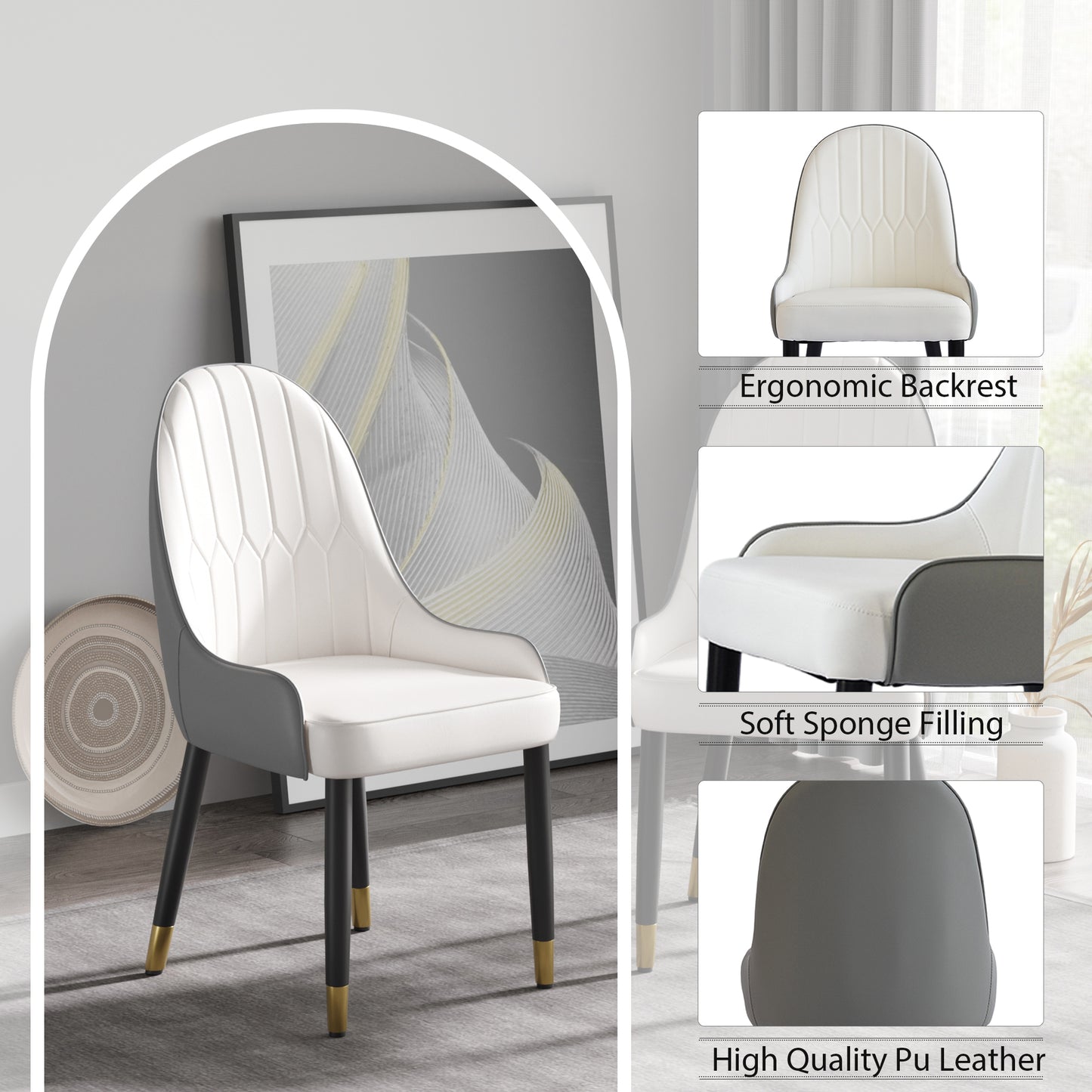 White+Gray PU Dining Chairs - Set of 2 for Dining Room