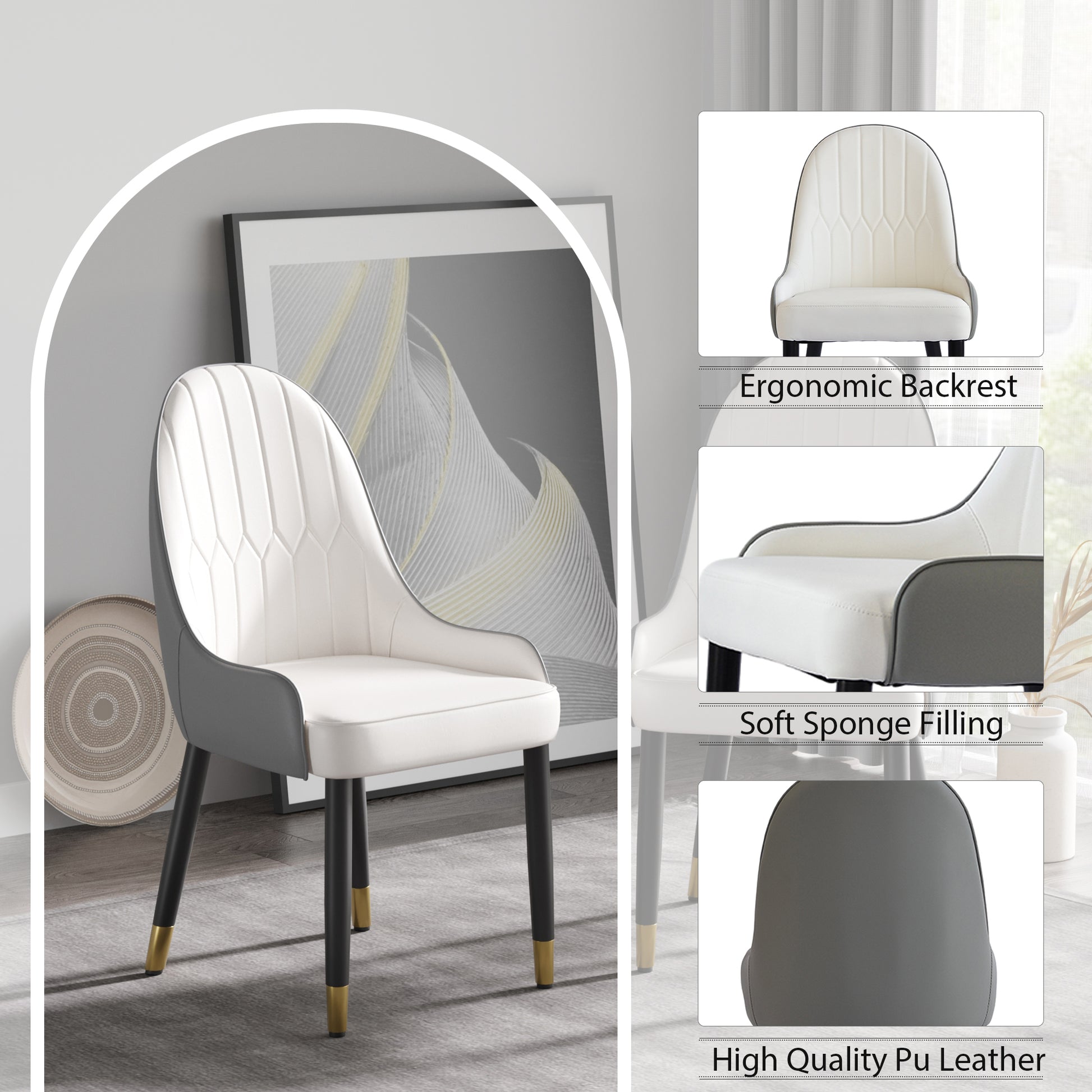 White+Gray PU Dining Chairs - Set of 2 for Dining Room