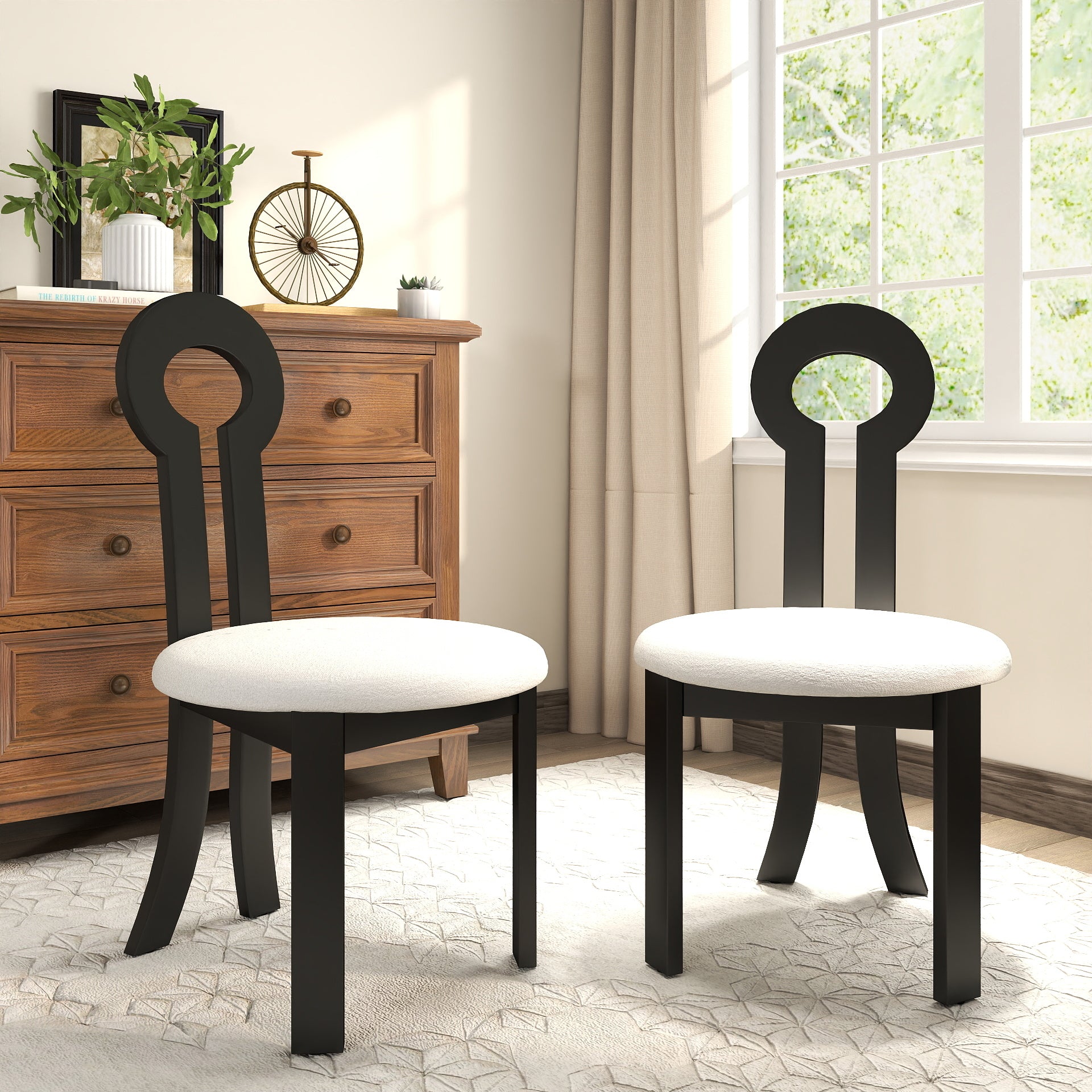 Vintage Rubber Solid Wood Dining Chair, Sheep Plush Dining Chair, Armless Dining Chair, Suitable For Small Home Dressing Room Model Room, Black(Set Of 2)