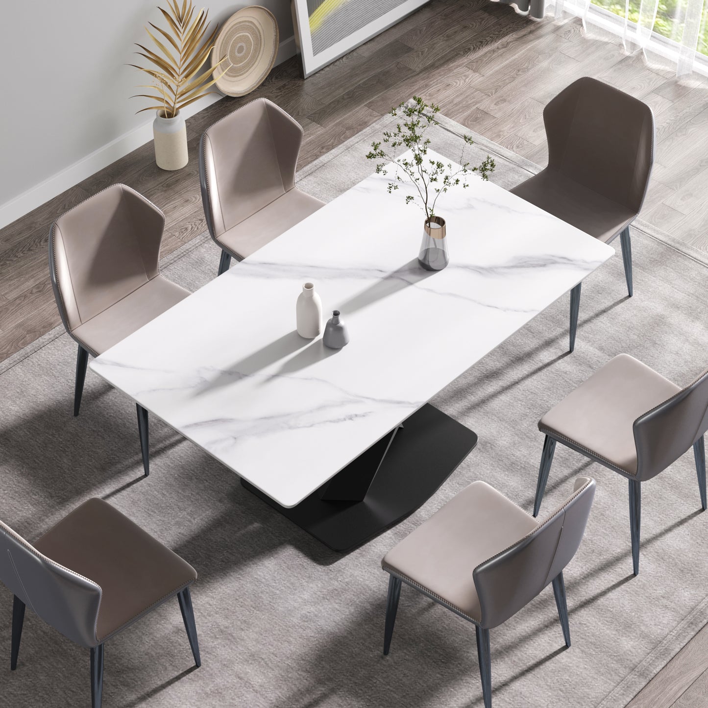 63-inch Modern White Dining Table - Sintered Stone, Metal Legs