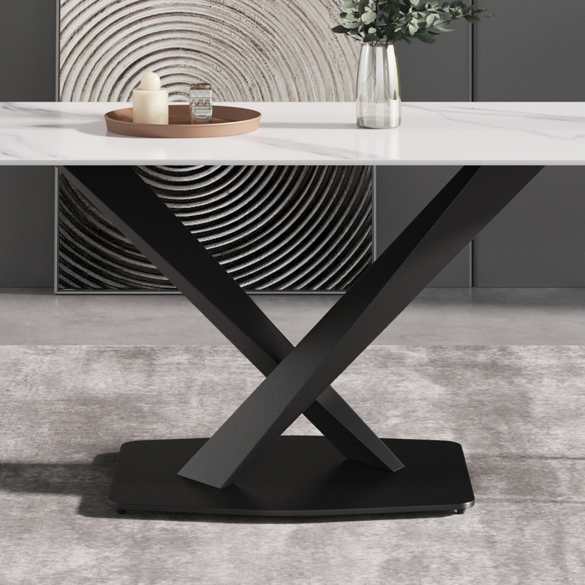 63-inch Modern White Dining Table - Sintered Stone, Metal Legs