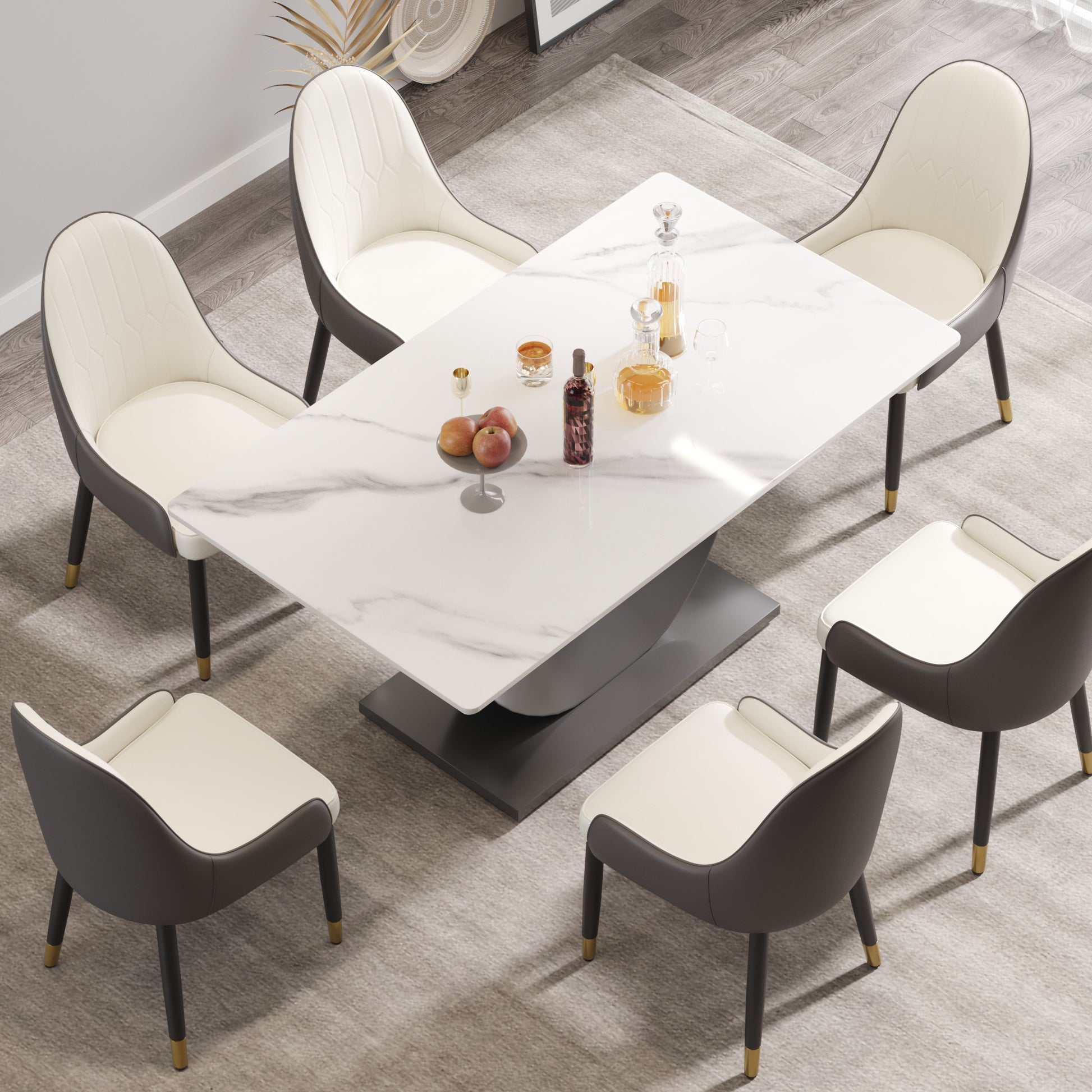 63 Inch Sintered Stone Dining Table with Crescent Base for Family Meals