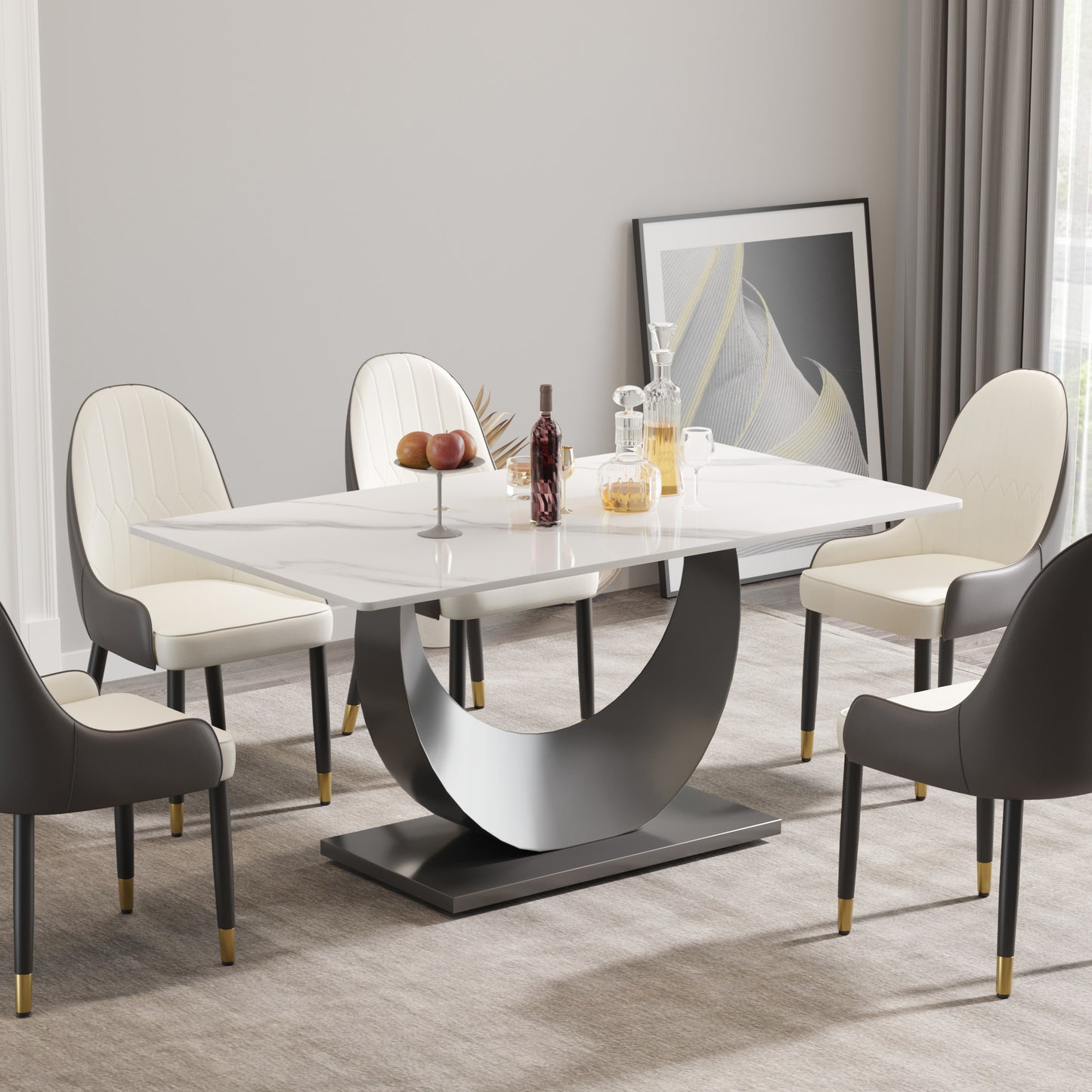 63" modern artificial stone white crescent-shaped black metal legs-can accommodate 6-8 people.