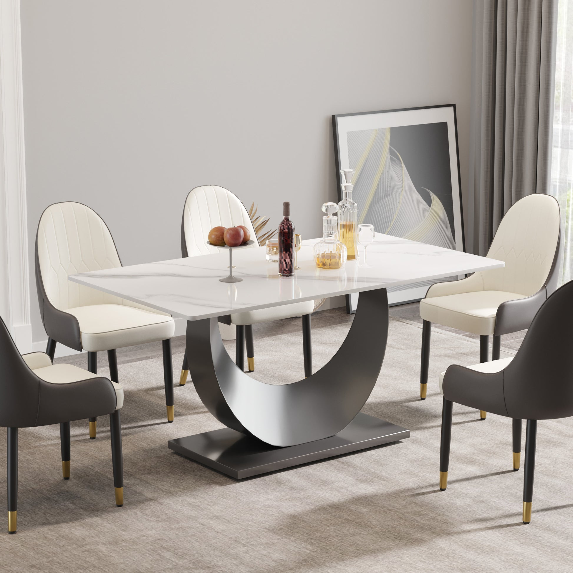63" modern artificial stone white crescent-shaped black metal legs-can accommodate 6-8 people.