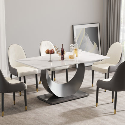 63" modern artificial stone white crescent-shaped black metal legs-can accommodate 6-8 people.
