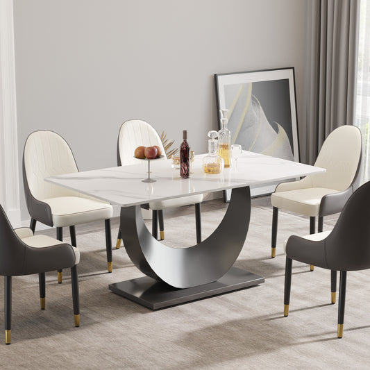 63" modern artificial stone white crescent-shaped black metal legs-can accommodate 6-8 people.
