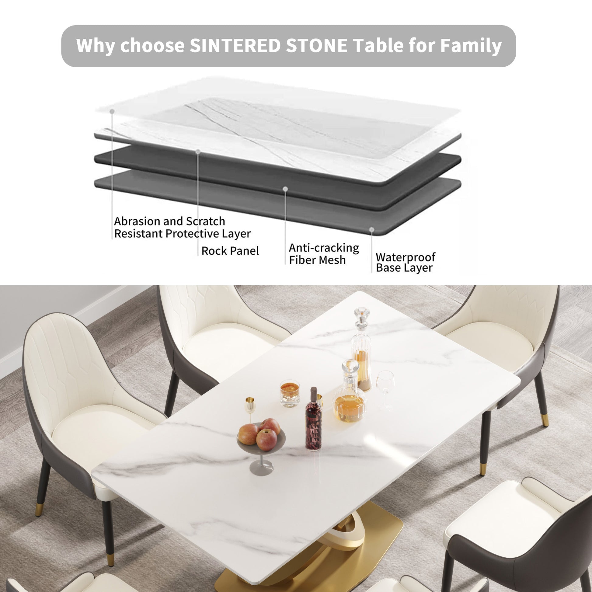 63" Modern White Sintered Stone Dining Table - Seats 6-8