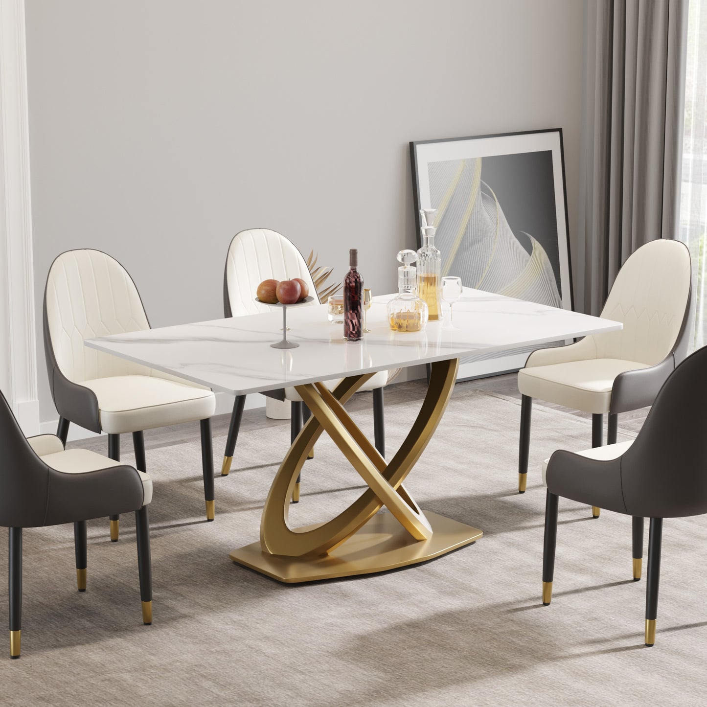 63 "modern artificial stone white panel double-ring stainless steel metal legs-can accommodate 6-8 people.