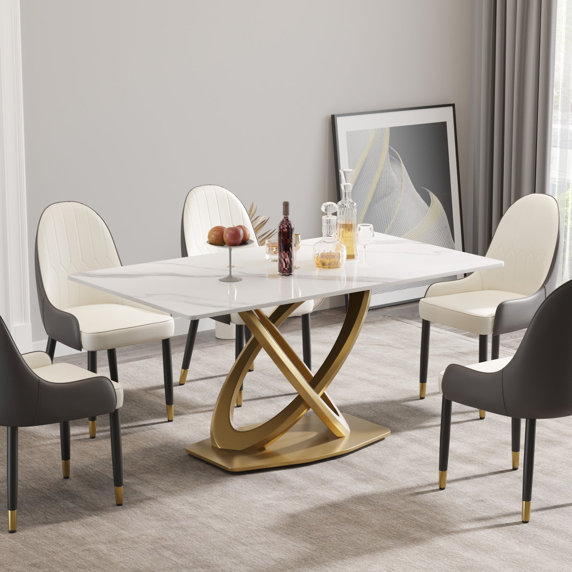 63 "modern artificial stone white panel double-ring stainless steel metal legs-can accommodate 6-8 people.