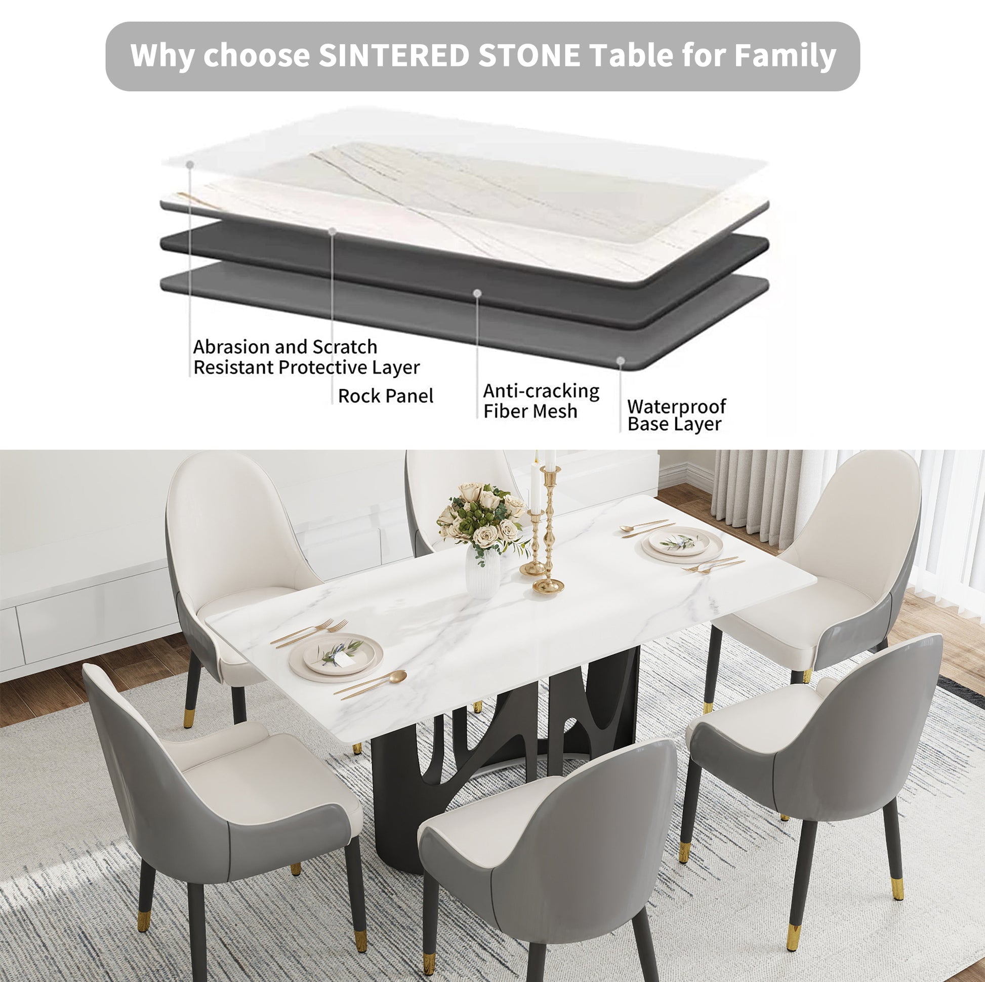 63" Modern Black & White Dining Table - Sintered Stone Top