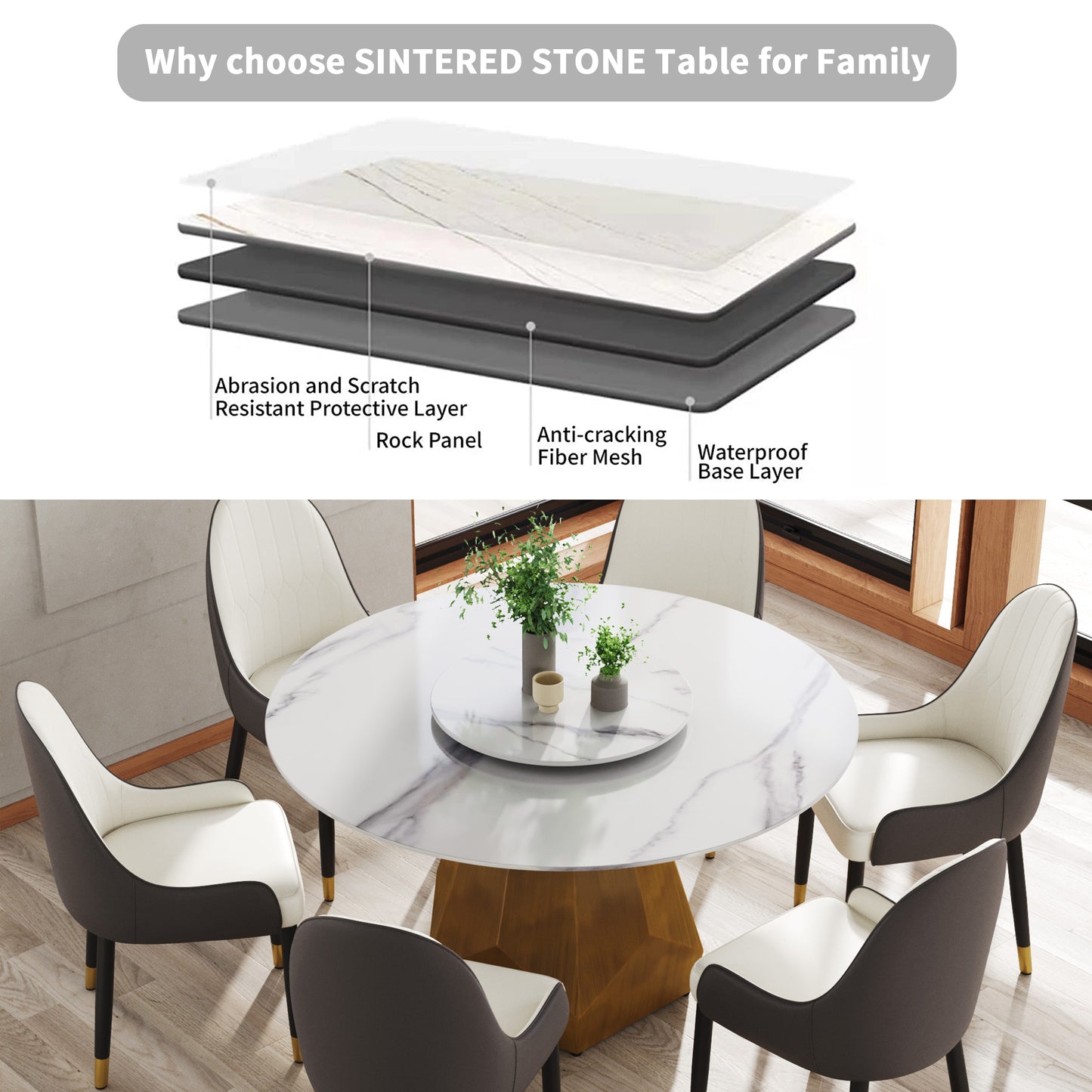 53 Inch Round White Dining Table - Sintered Stone