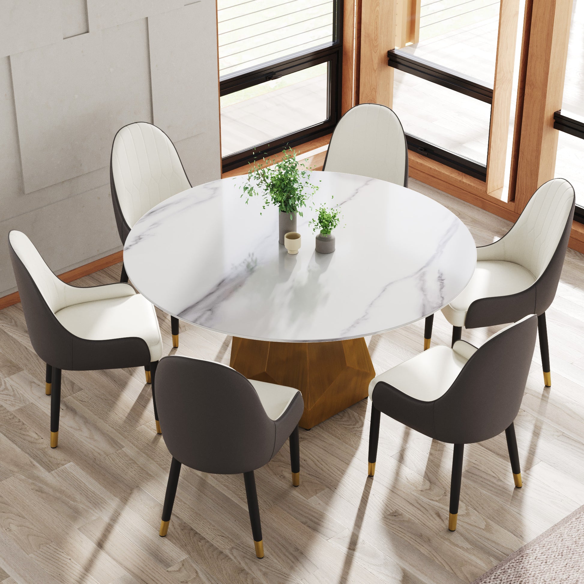 Round Marble Dining Table with Metal Base for Kitchen or Dining Room
