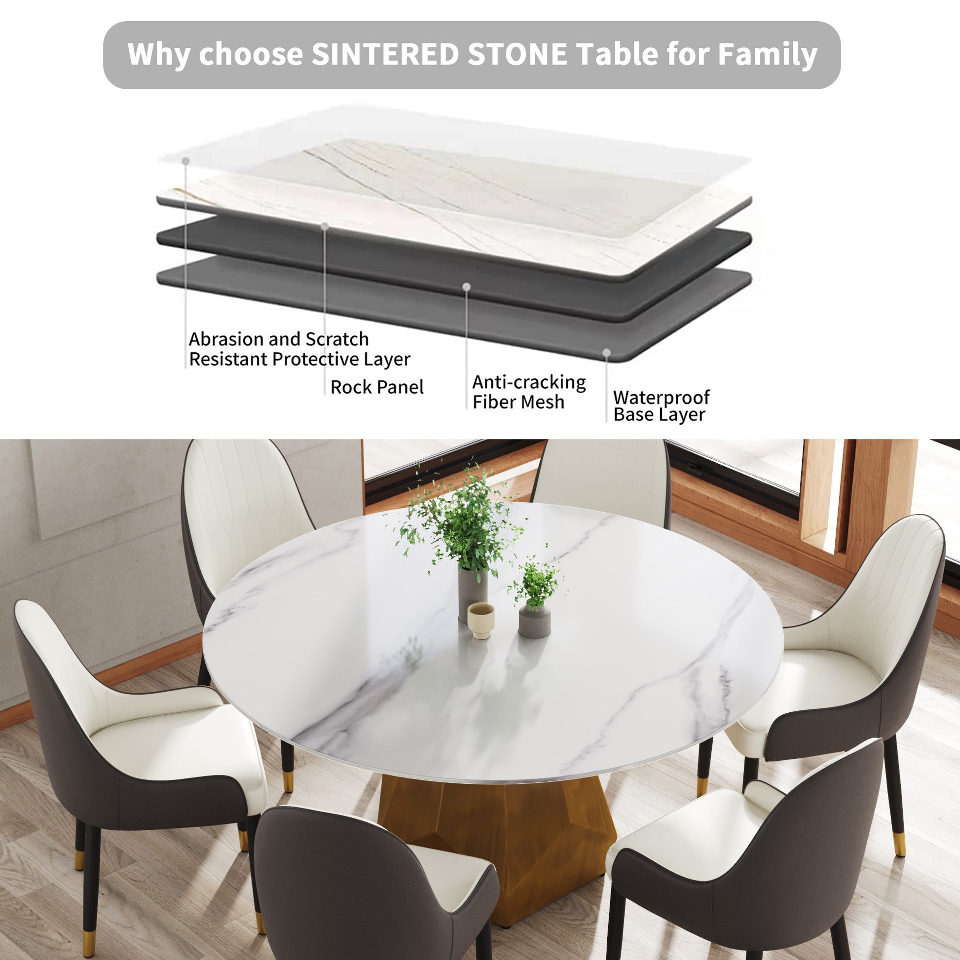 Round Marble Dining Table with Metal Base for Kitchen or Dining Room