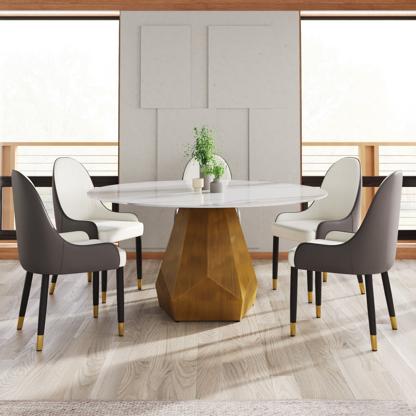 59.05" Round Marble Dining Table with Metal Base, Artificial Marble for 6-8 People, Dining Room/Living Room Kitchen Dining Table,White (Dining Table Only)