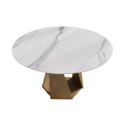 Round Sintered Stone Dining Table with Bronze Metal Base