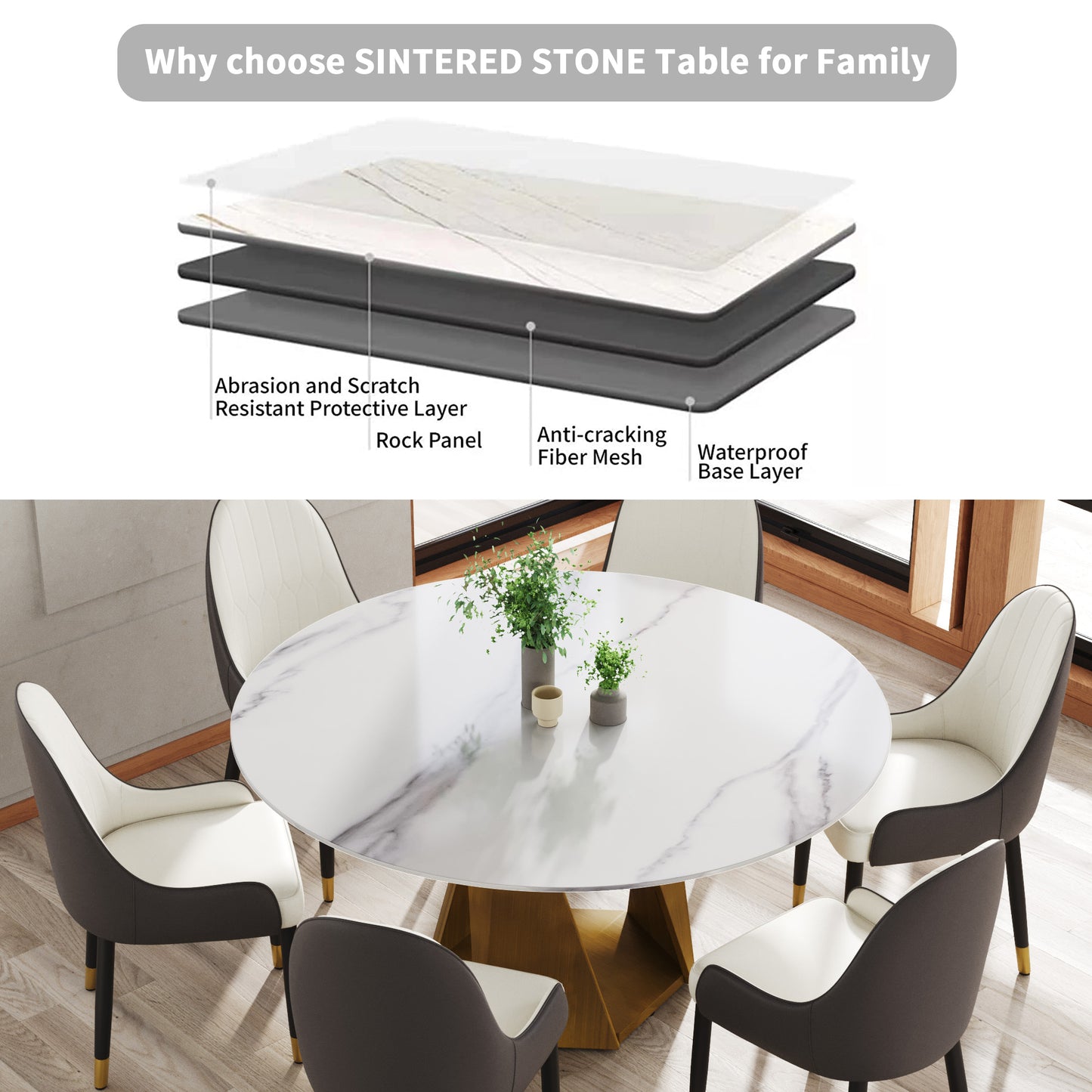 Round Sintered Stone Dining Table with Bronze Metal Base