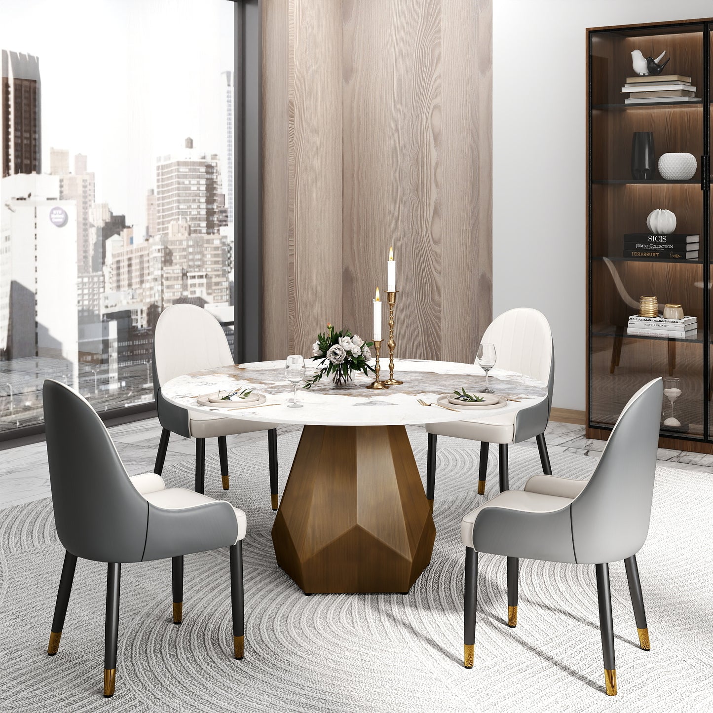 59.05" Round Marble Dining Table with Metal Base, Artificial Marble for 6-8 People, Dining Room/Living Room Kitchen Dining Table,White (Dining Table Only)